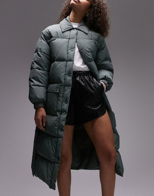 Topshop Tall longline puffer jacket in forest green