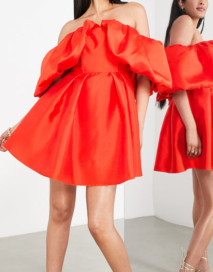 ASOS EDITION volume sleeve mini dress with full skirt in red