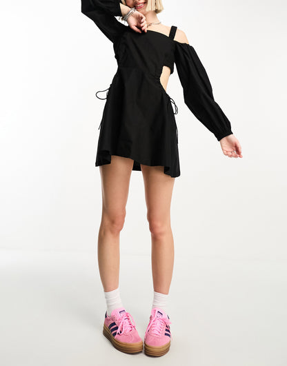 COLLUSION cotton cut out side mini dress in black