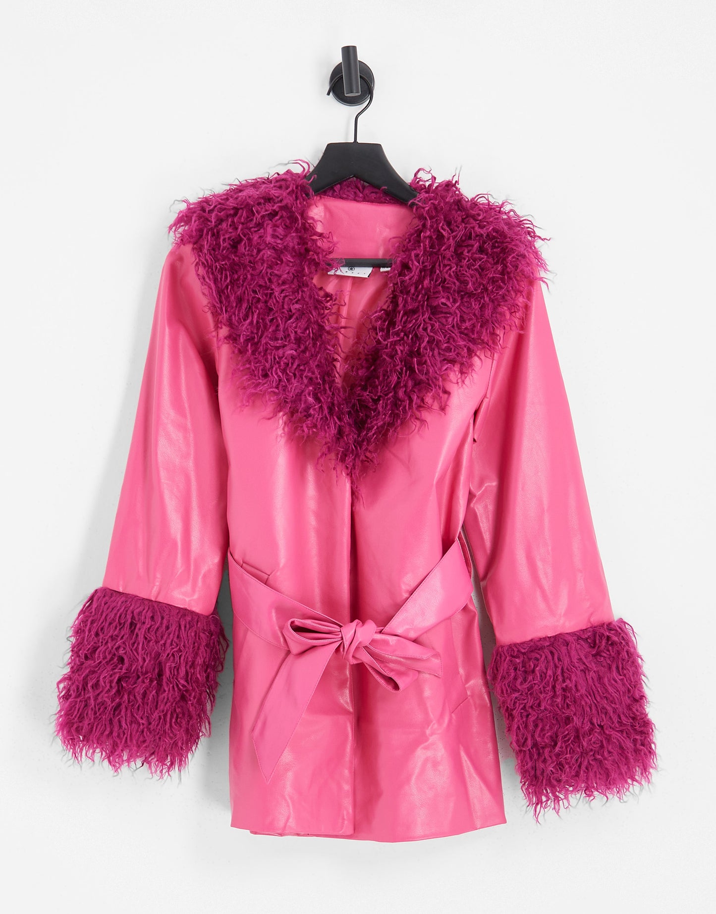 Daisy Street pink Y2K PU jacket with faux fur cuffs and collar