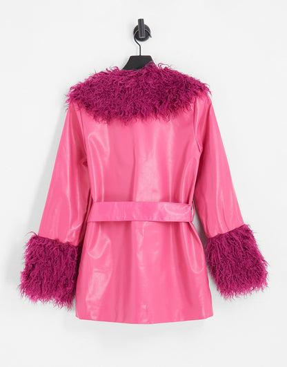 Daisy Street pink Y2K PU jacket with faux fur cuffs and collar