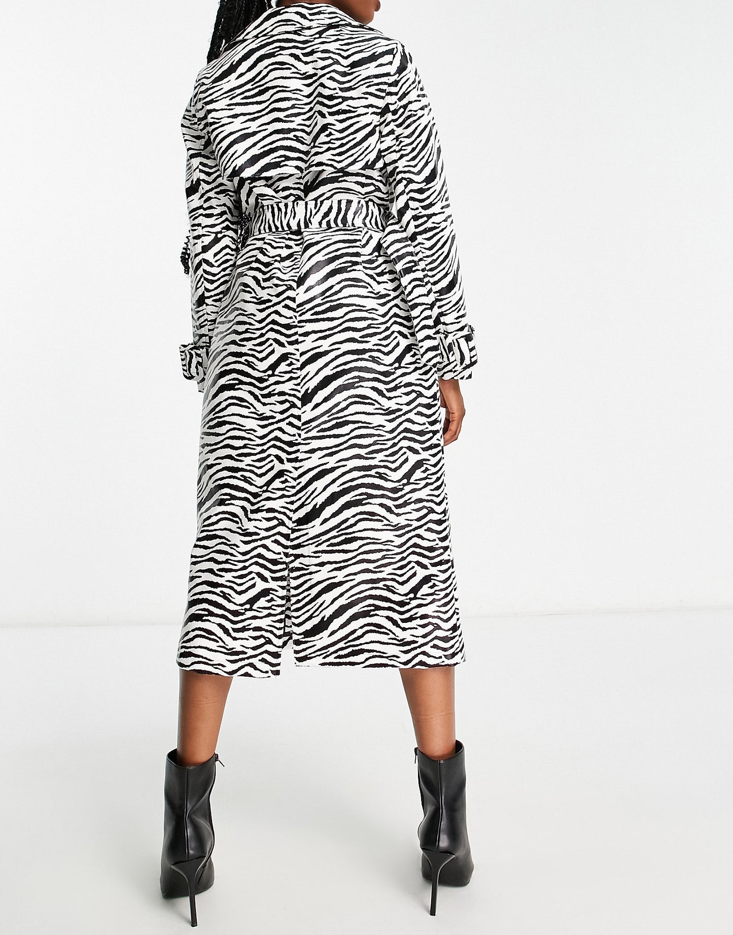 Miss Selfridge faux leather belted trench coat in zebra print