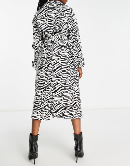 Miss Selfridge faux leather belted trench coat in zebra print