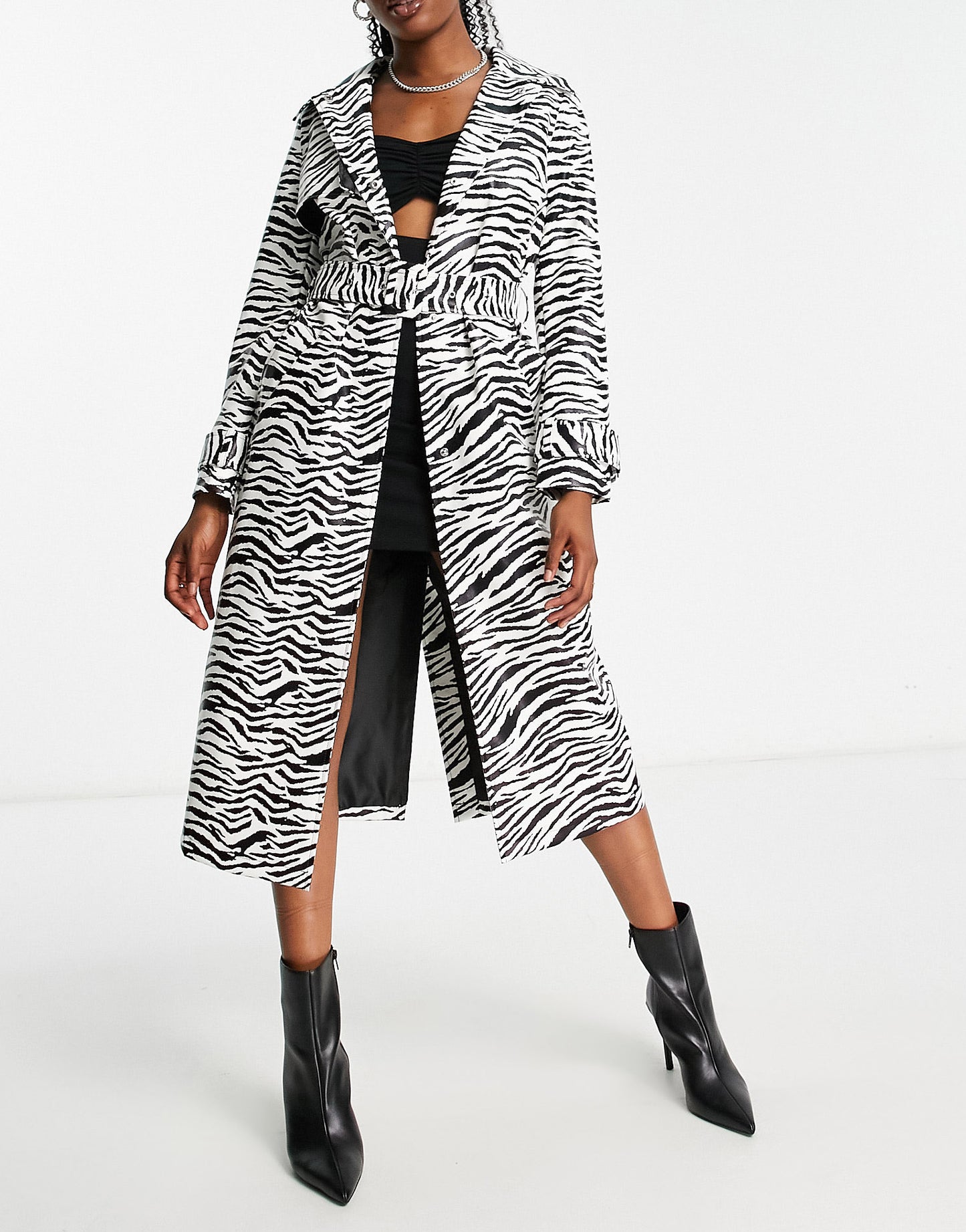 Miss Selfridge faux leather belted trench coat in zebra print