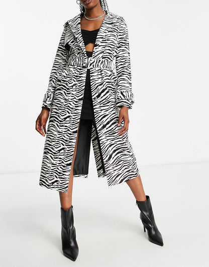 Miss Selfridge faux leather belted trench coat in zebra print