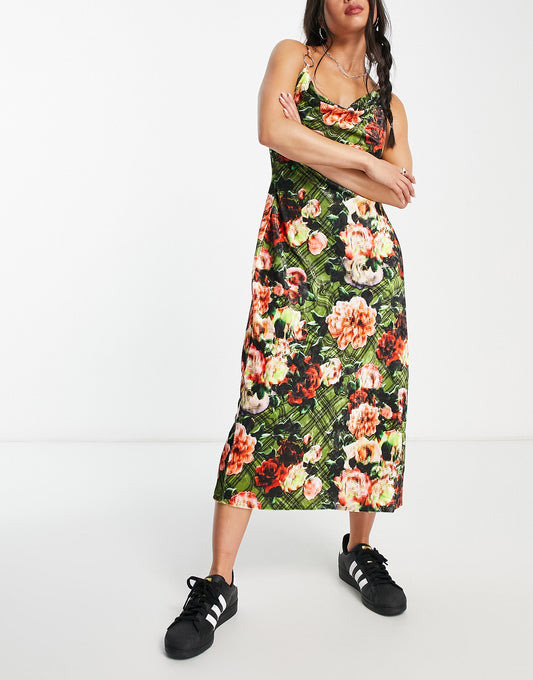 COLLUSION cowl neck velvet floral printed maxi dress in multi