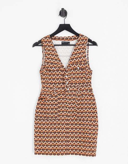 ASOS DESIGN twill button down mini dress in brown retro print