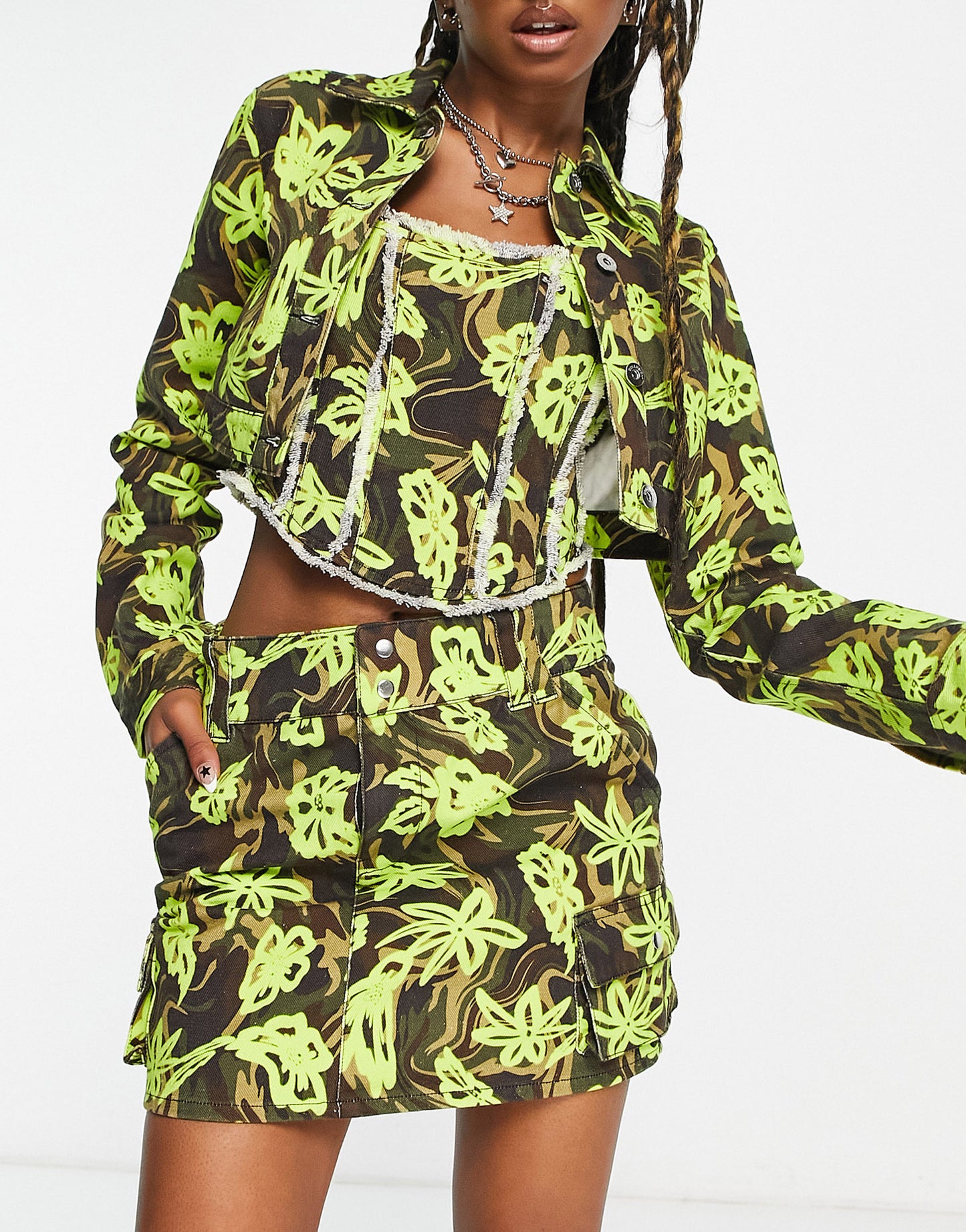 COLLUSION cropped twill jacket in floral camo co-ord