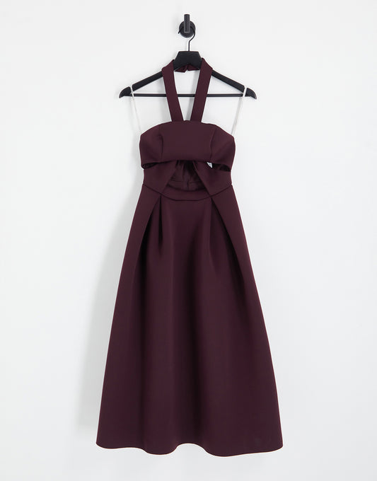 ASOS DESIGN Tall twist cut out halter midi prom dress in aubergine