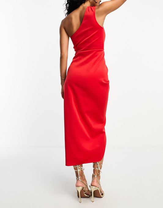 ASOS DESIGN one shoulder tuck skirt wrap midi dress in washed red