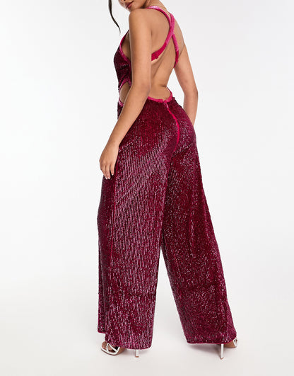 Miss Selfridge premium embellished cut out wide leg jumpsuit