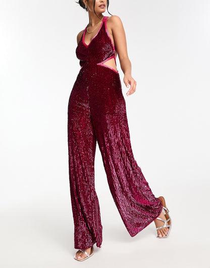 Miss Selfridge premium embellished cut out wide leg jumpsuit