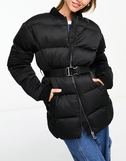 Miss Selfridge satin belted puffer in black