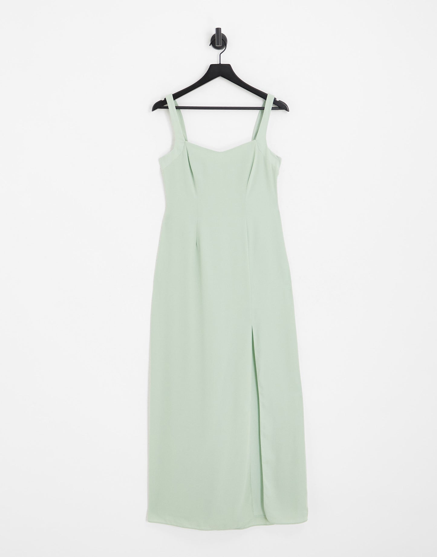 ASOS DESIGN Bridesmaid maxi dress with satin curved neckline and split detail in light sage