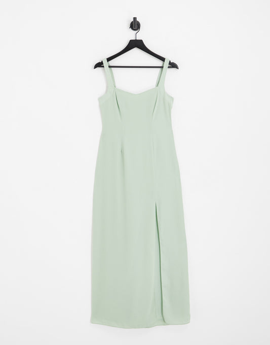 ASOS DESIGN Bridesmaid maxi dress with satin curved neckline and split detail in light sage