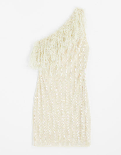 ASOS LUXE faux feather trim one shoulder embellished mini dress in ivory