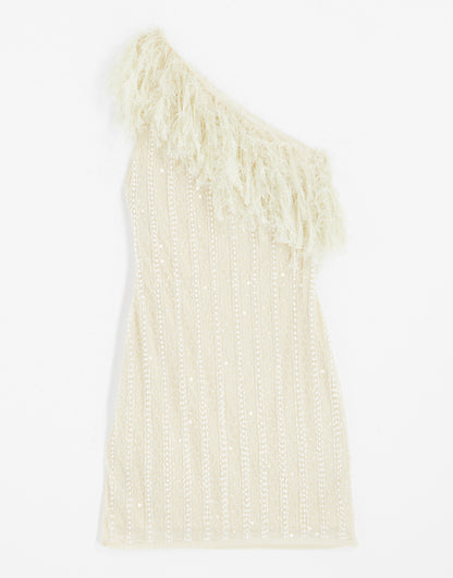 ASOS LUXE faux feather trim one shoulder embellished mini dress in ivory