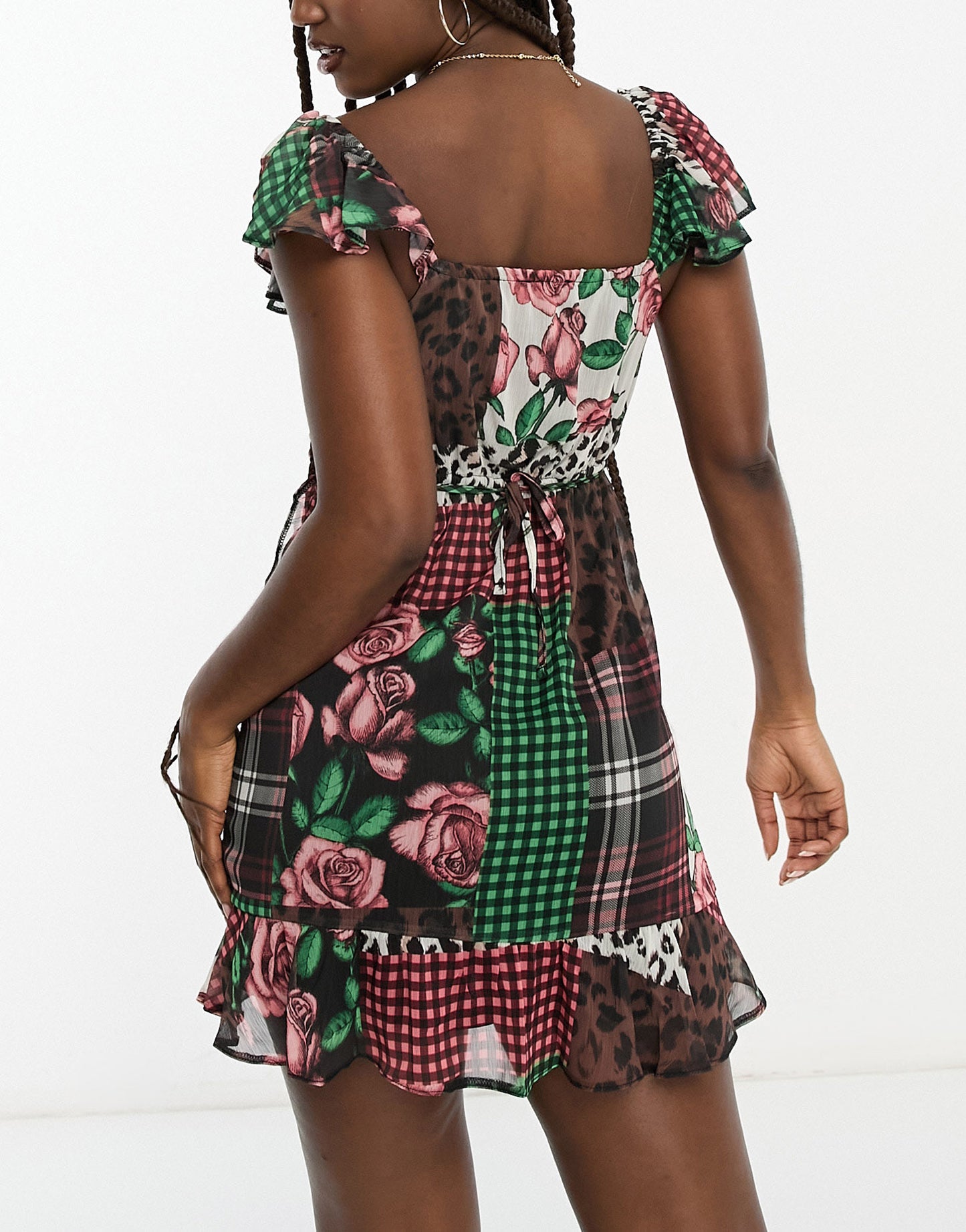 Miss Selfridge chiffon frill strap mini dress in patchwork floral check