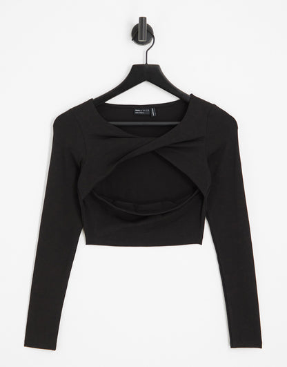 ASOS DESIGN twist detail long sleeve crop top in black