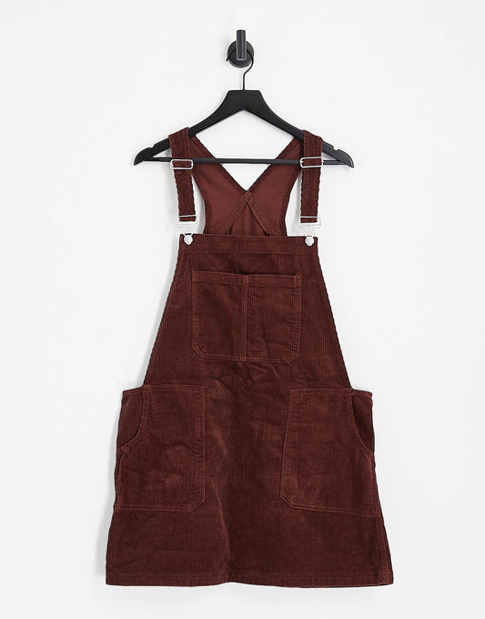 DTT Plus Lucine cord pinafore dress with pockets in chocolate brown