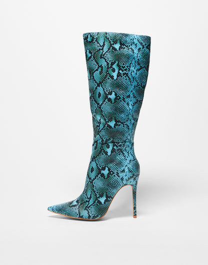 Public Desire pointed heeled knee boots in blue snake