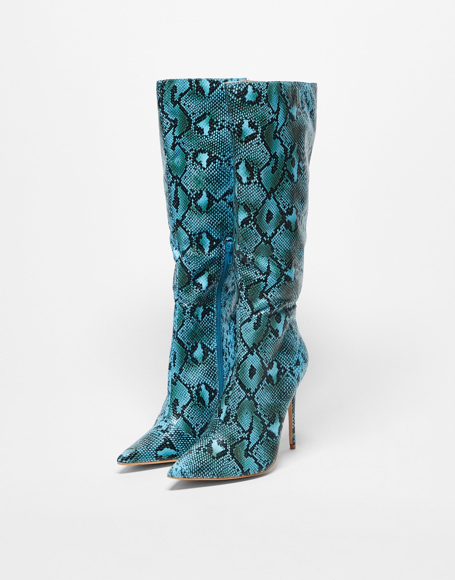 Public Desire pointed heeled knee boots in blue snake