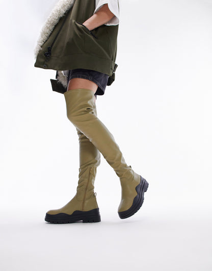 Topshop Wide Fit Martha over the knee stretch boot in olive