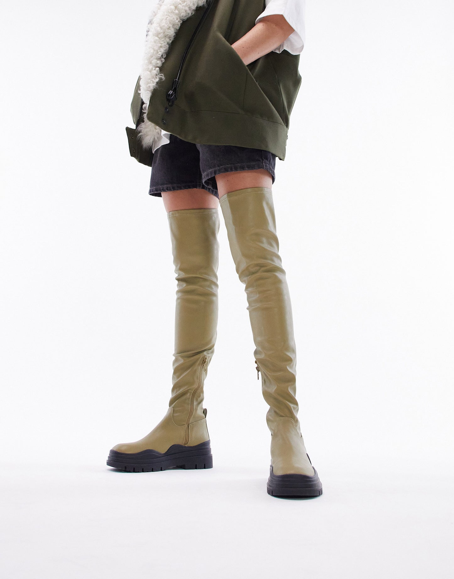 Topshop Wide Fit Martha over the knee stretch boot in olive