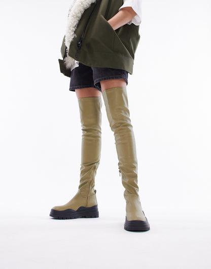 Topshop Wide Fit Martha over the knee stretch boot in olive