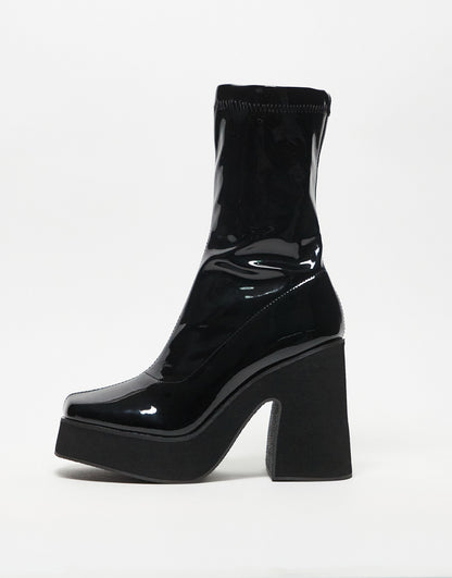 Heartbreak chunky platform sock boots in black patent