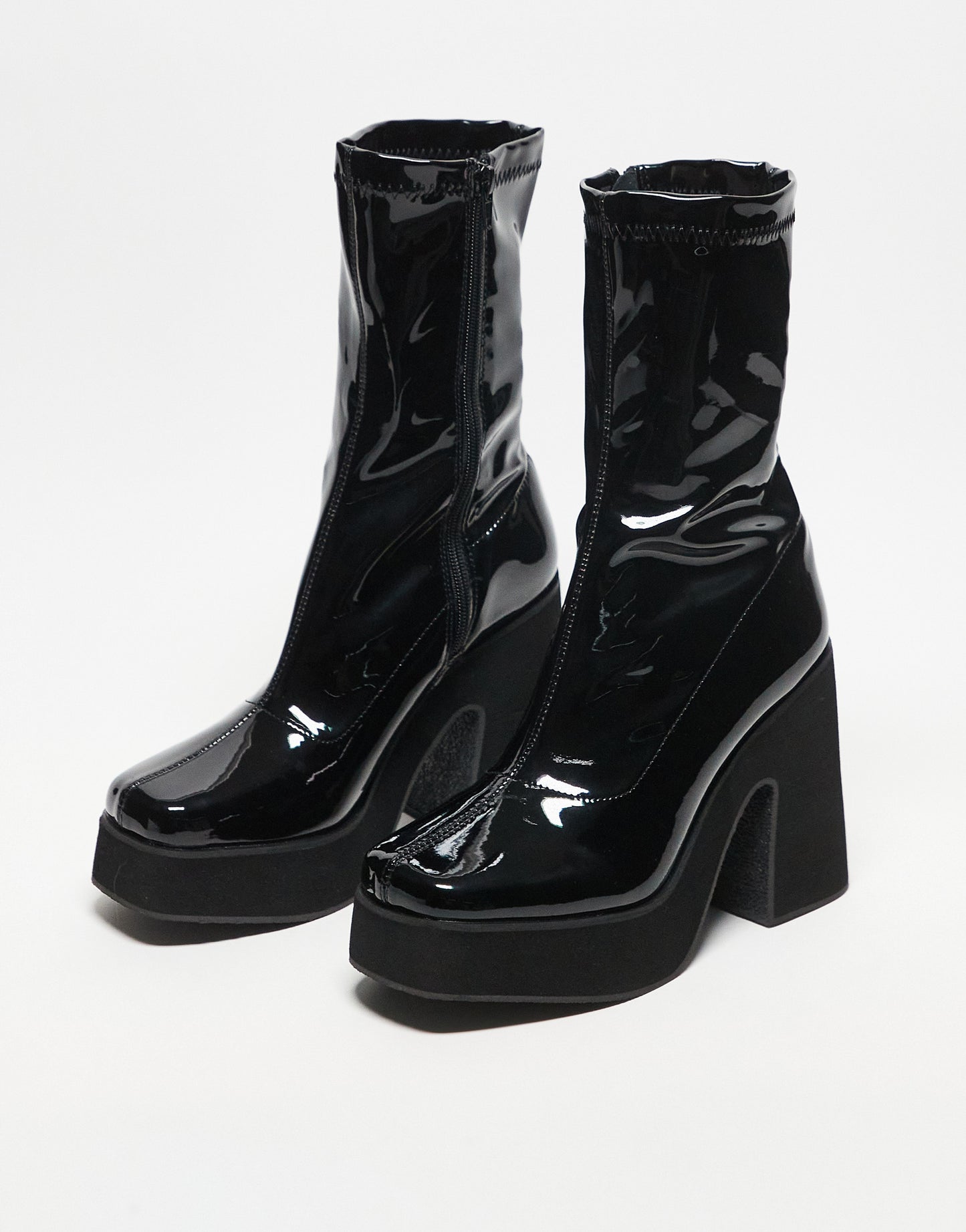 Heartbreak chunky platform sock boots in black patent