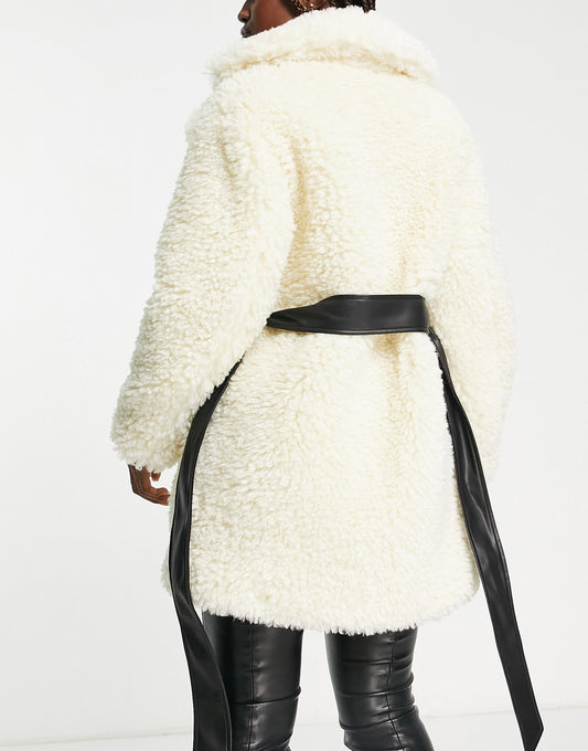 Miss Selfridge fluffy borg faux leather wrap coat in ivory