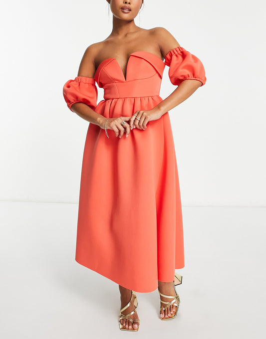 ASOS DESIGN Petite off shoulder ruffle midi prom dress in deep coral