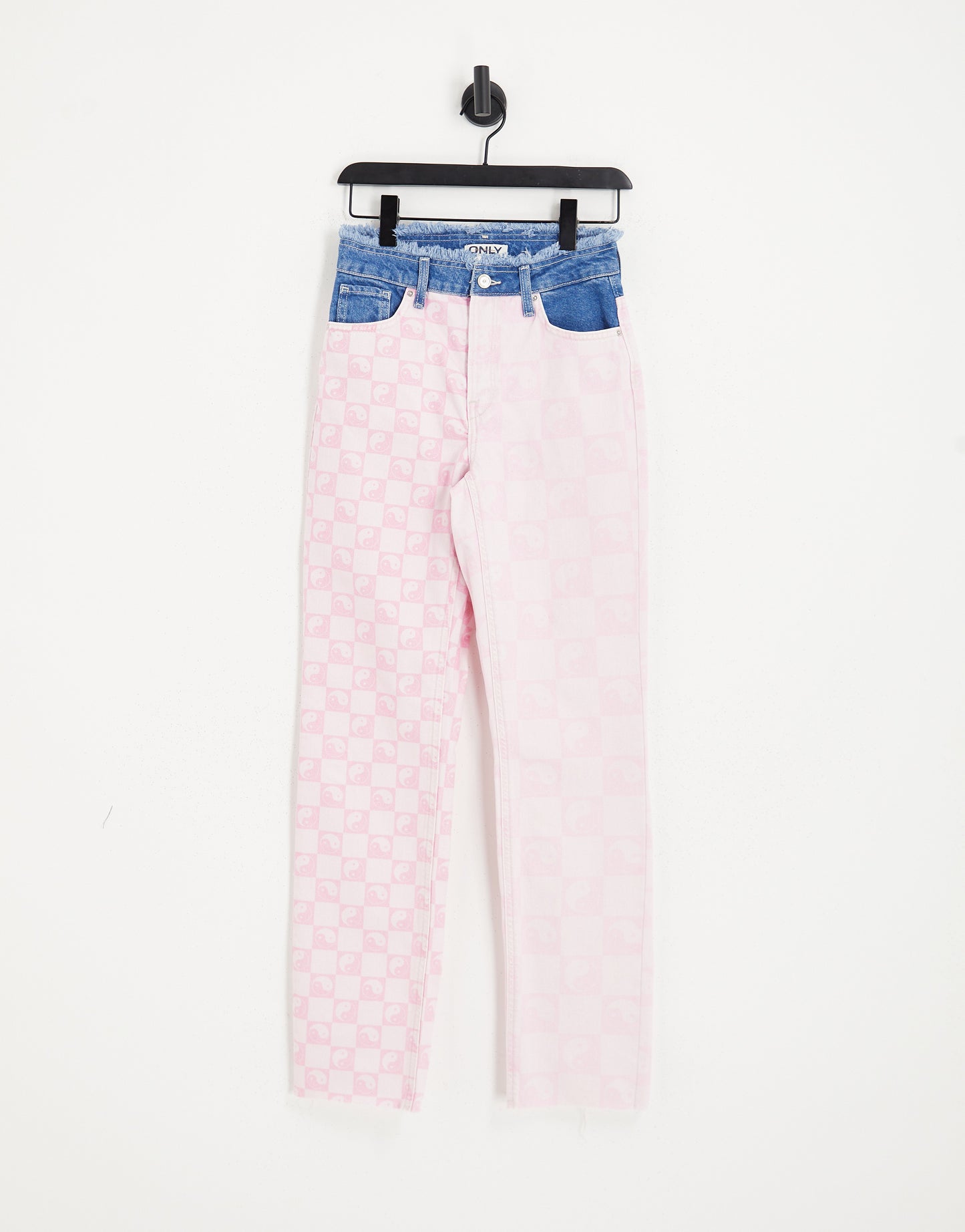 ONLY Ella frayed waist straight leg jeans in pink checkerboard print