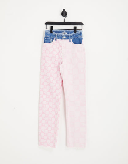 ONLY Ella frayed waist straight leg jeans in pink checkerboard print