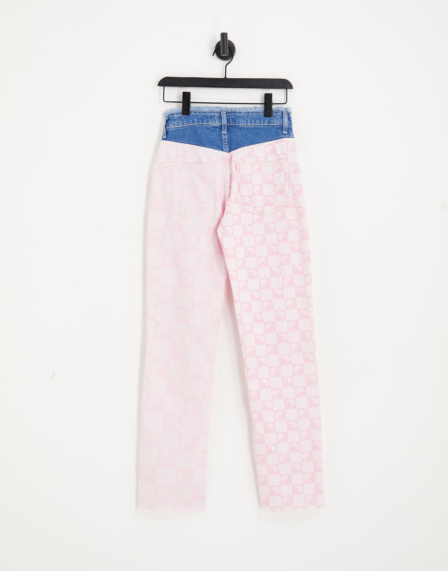 ONLY Ella frayed waist straight leg jeans in pink checkerboard print