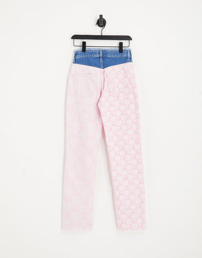 ONLY Ella frayed waist straight leg jeans in pink checkerboard print