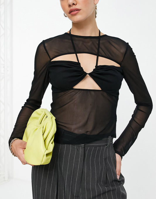 Topshop layered long sleeve cami mesh top in black