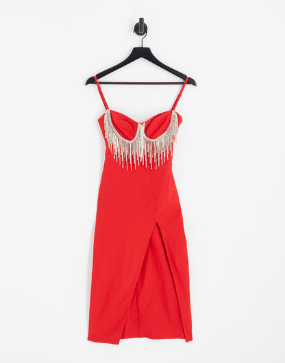 Band Of Stars premium bengaline midi dress with tassel bra trim in red