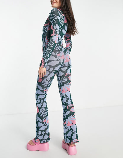 Damson Madder floral jacquard flared jumpsuit in dark green