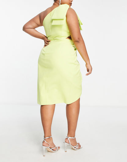 Lavish Alice Plus one shoulder cut out detail wrap midi dress in lime green