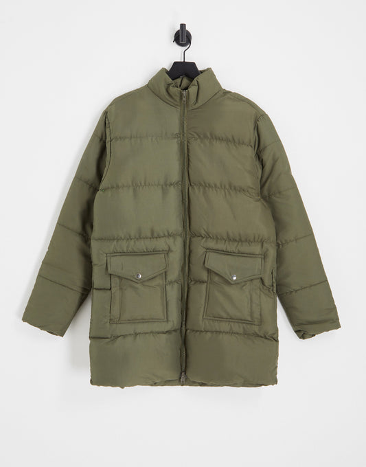 Another Influence Tall utility longline puffer jacket in khaki