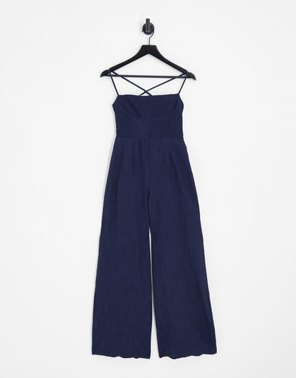 ASOS DESIGN tailored melange suiting strappy back wide leg in navy