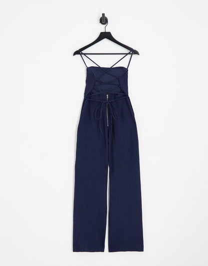 ASOS DESIGN tailored melange suiting strappy back wide leg in navy