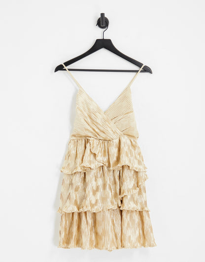 Miss Selfridge strappy pleated rara mini dress in gold