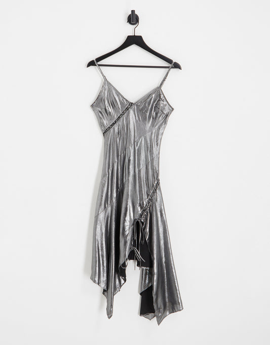 Topshop asymmetric lace up midi slip dress in silver