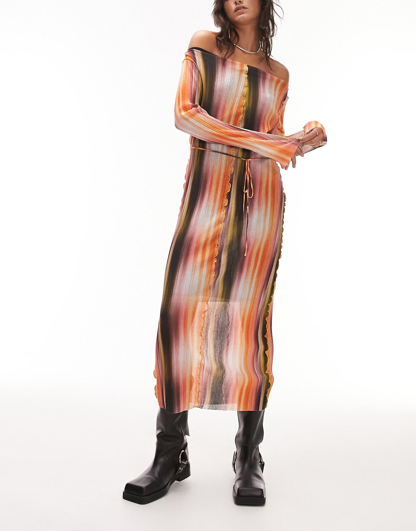 Topshop ombre plisse stripe jersey midi dress in multi