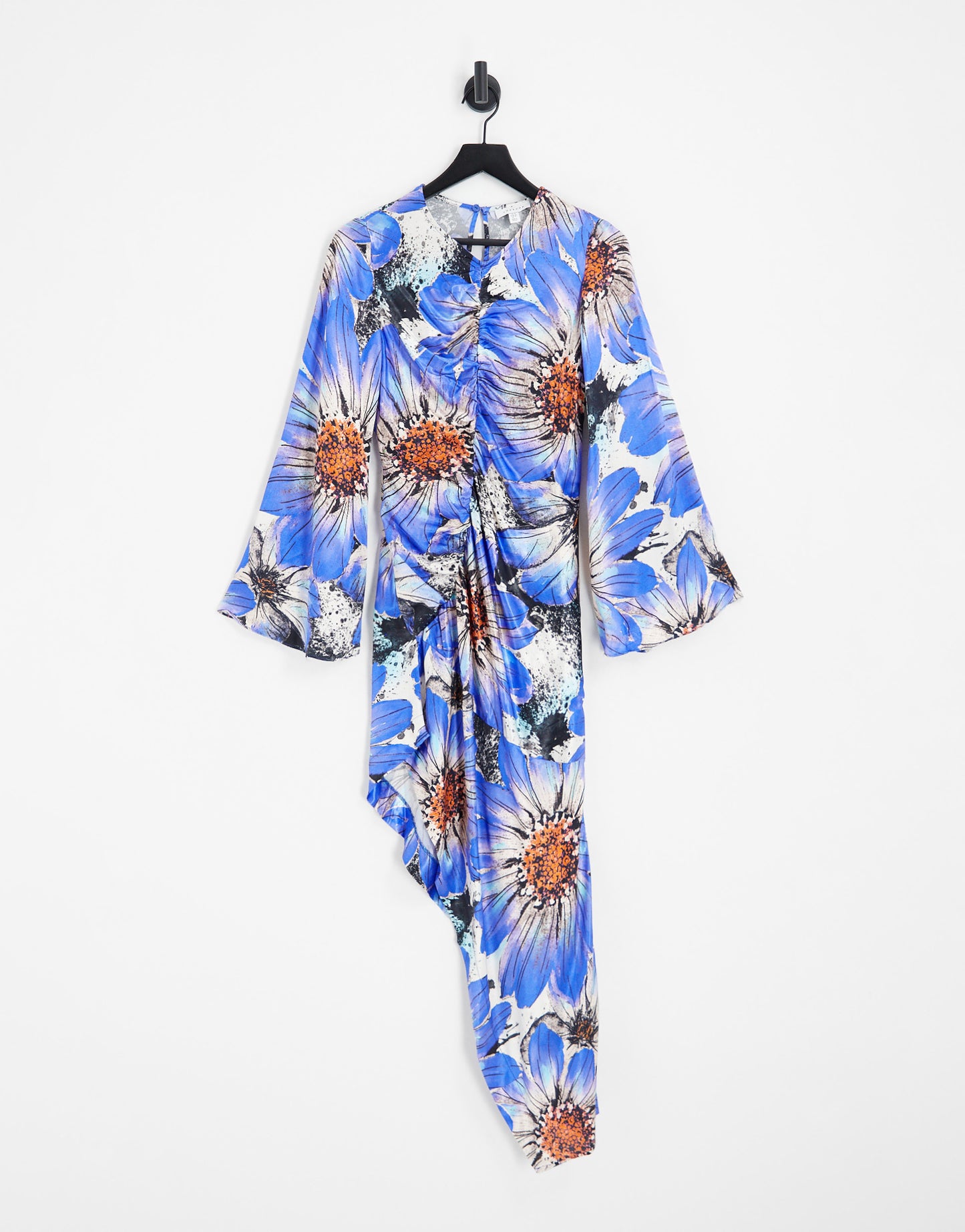 Topshop bold floral ruched long sleeve midi dress in cobalt