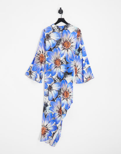 Topshop bold floral ruched long sleeve midi dress in cobalt