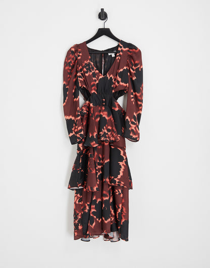 Topshop cut out waist floral print tiered occasion midi dress in burgundy